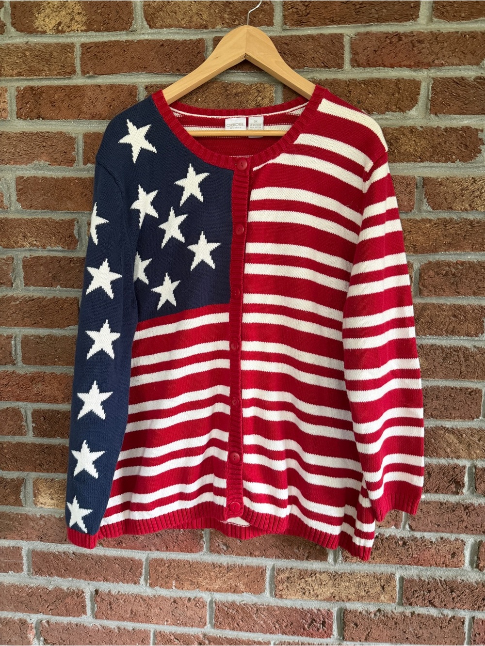 vintage. older. american flag sweater. size 0x. cherokee woman. cardigan.
